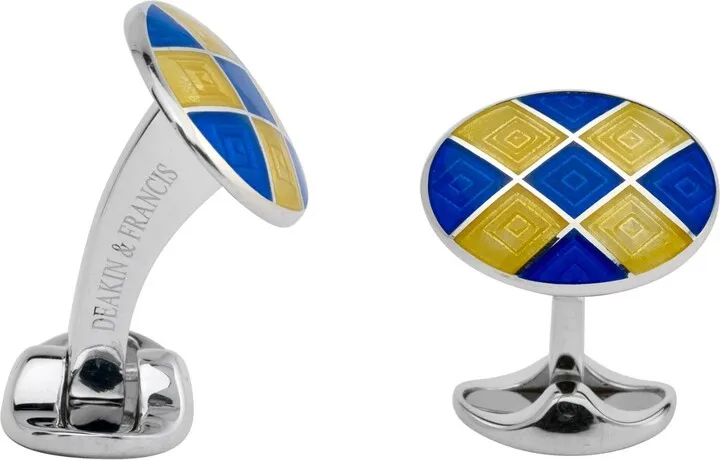 Deakin & Francis - Deakin & Francis Sterling Silver Royal Blue & Bright Yellow Patterened Enamel Cufflinks
