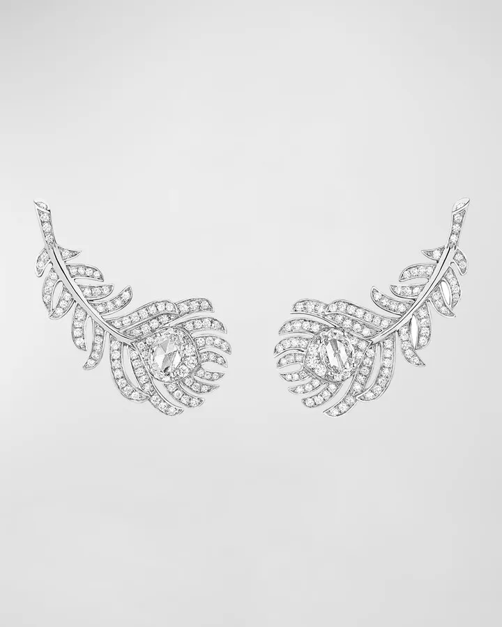 Plume de Paon White Gold Diamond Omega Clip Earrings