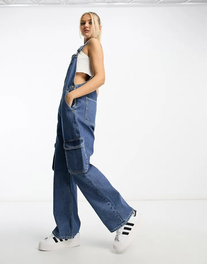 Dr Denim denim cargo style straight leg overalls in mid blue