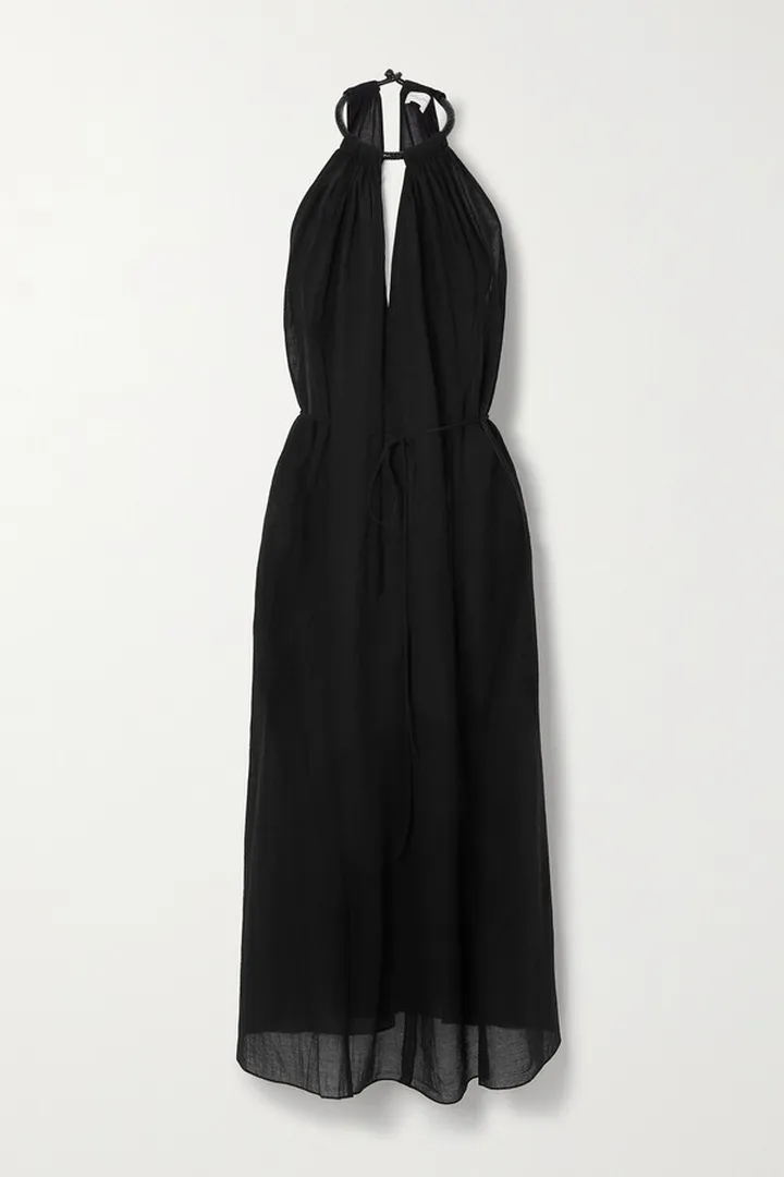 Three Graces London - Rhian Leather-trimmed Cotton-voile Halterneck Midi Dress - Black