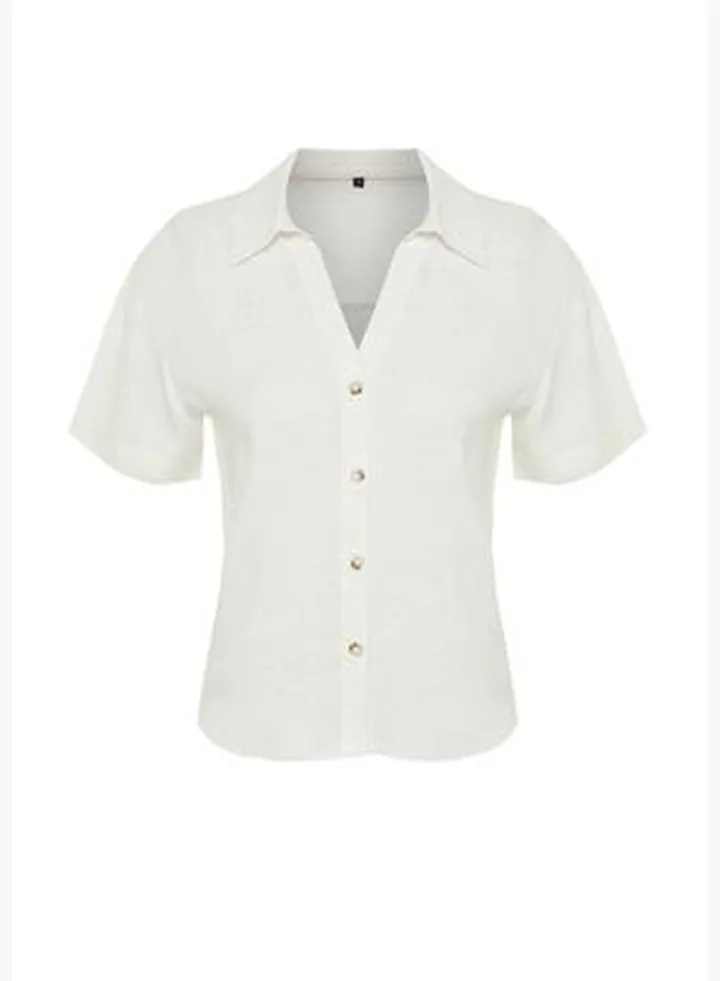 Beige Short Sleeve Oversize Cotton Linen Woven Shirt TWOSS24GO00062