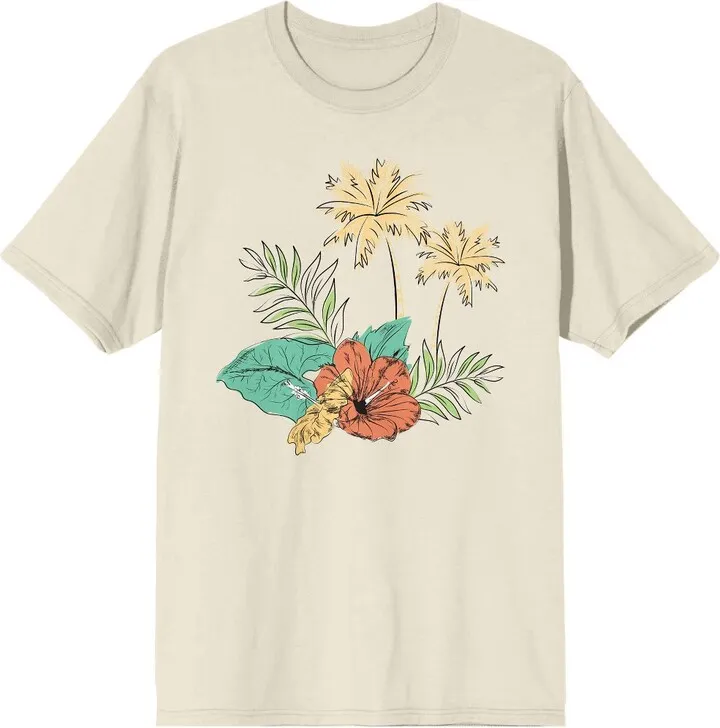 Celestial Tropics Palm Fronds and Hibiscus Flowers Men’s Natural T-Shirt-XXL