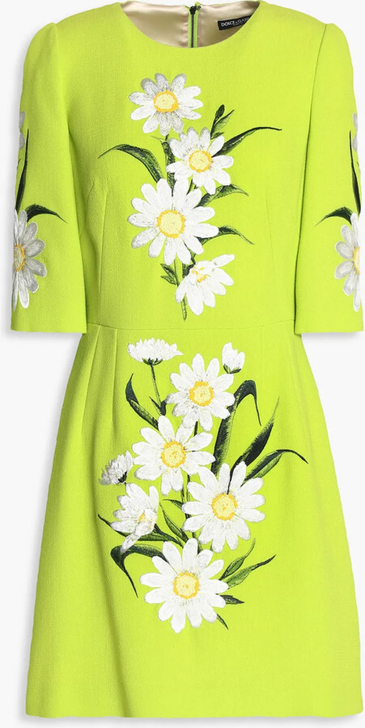 Embroidered neon wool-crepe mini dress