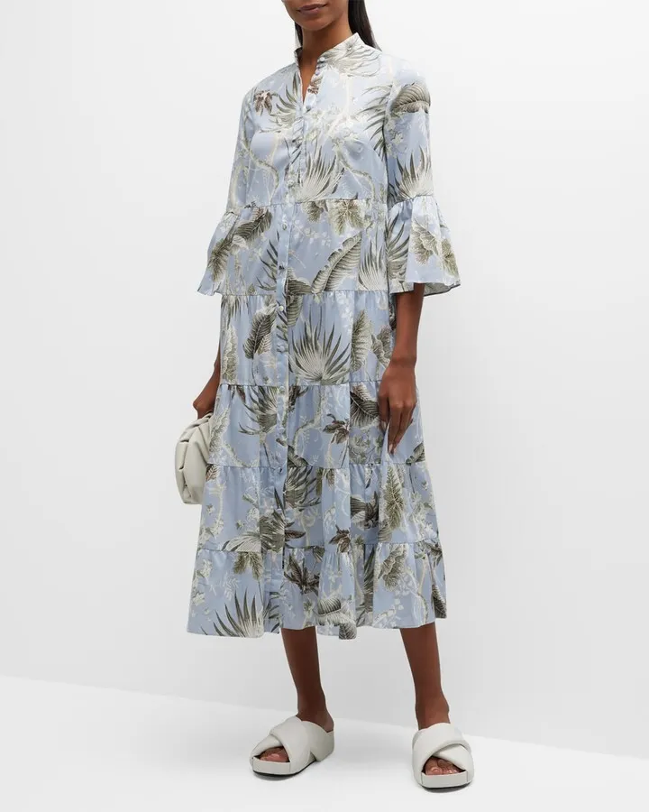 Tiered Frilled-Sleeve Midi Shirtdress