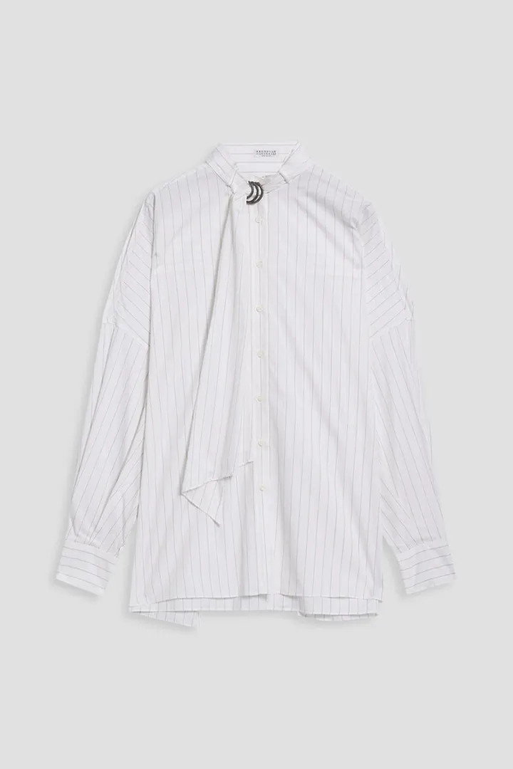 Ring-embellished striped cotton and silk-blend poplin shirt