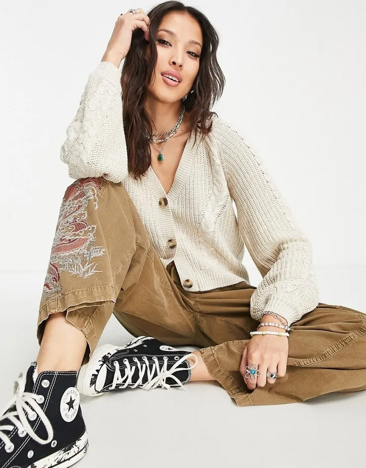 Only Premium textured cable knit cardigan in cream