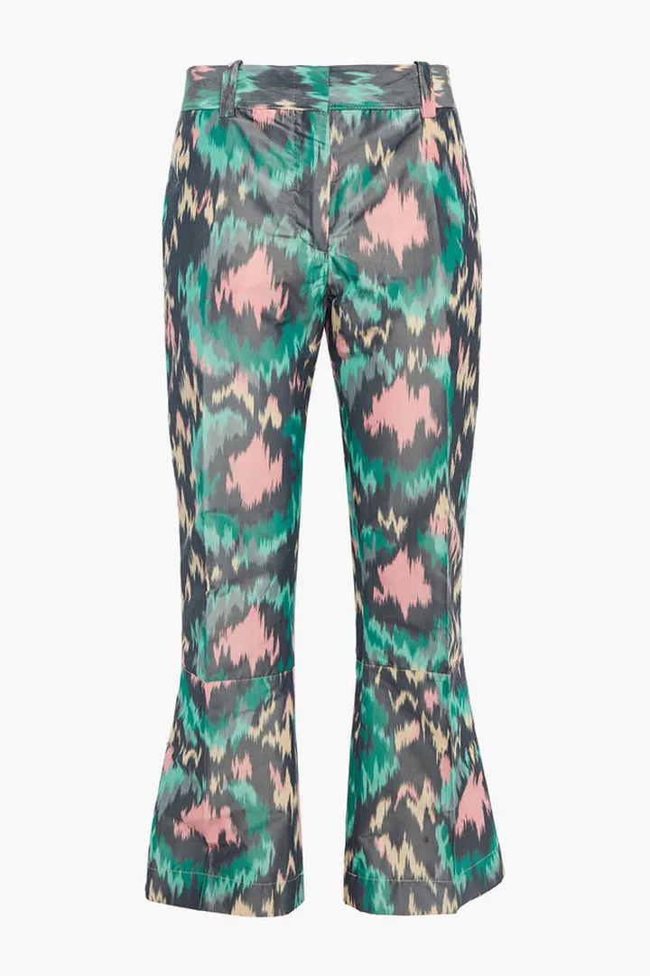 Printed cotton-blend sateen kick-flare pants
