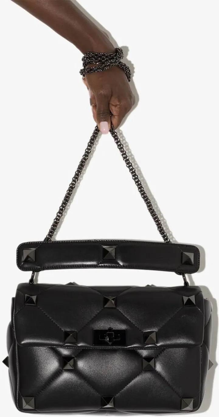 Black Roman Stud Medium Leather Shoulder Bag