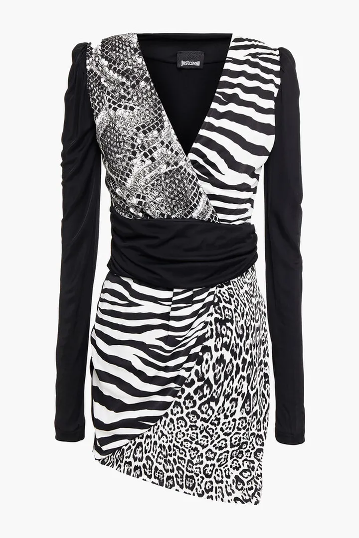 Wrap-effect printed stretch-jersey mini dress