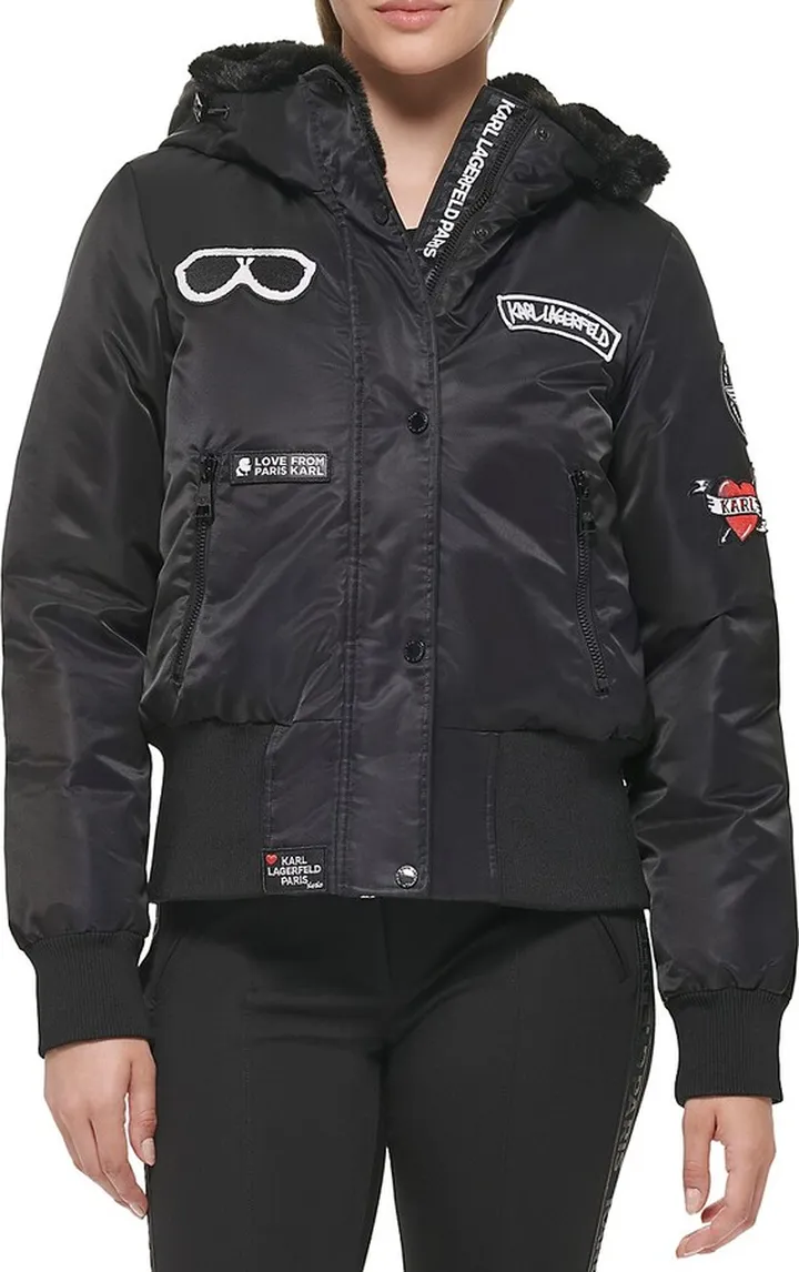 Logo Patch Faux Fur Trim Bomber Jacket