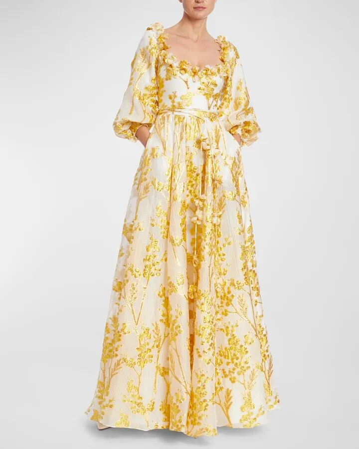 Cutout Blouson-Sleeve Botanical Jacquard Gown