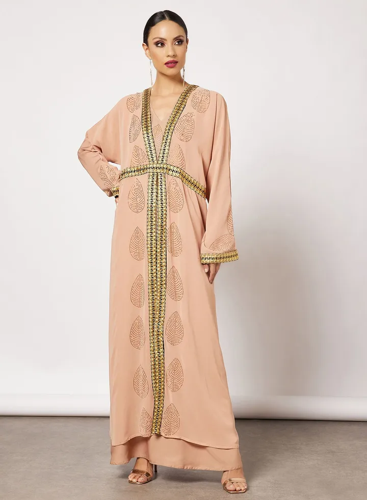 Jersey Abaya With Contrasting Panel And Front Embroidery