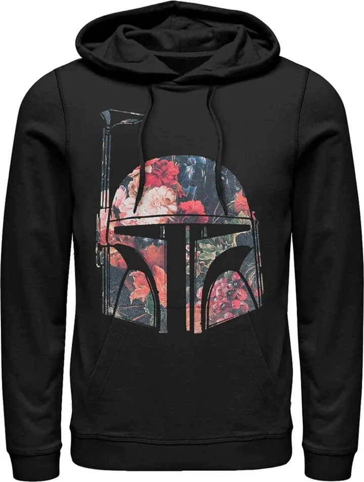 Men's Star Wars Boba Fett Floral Print Helmet Pull Over Hoodie - Black - 2X Large