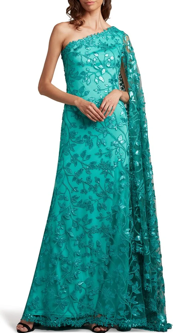 Sequin Floral One-Shoulder Gown