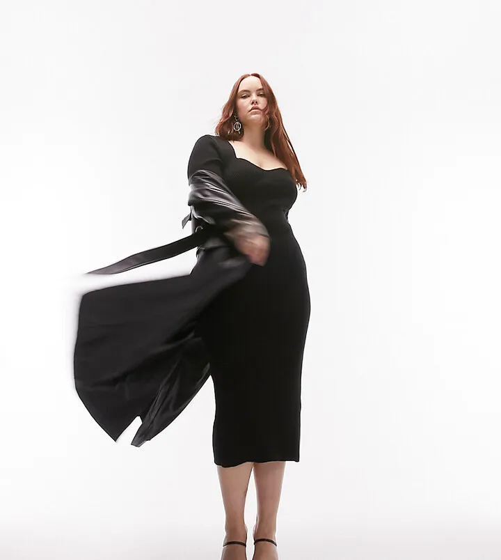 Topshop Curve knitted sweetheart midi dress in black