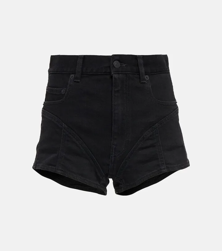 Lace-trimmed high-rise denim shorts