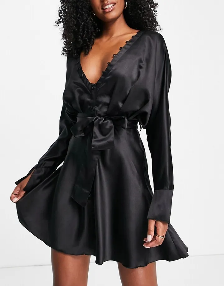ASOS DESIGN satin batwing mini dress with button front detail and tie front in black