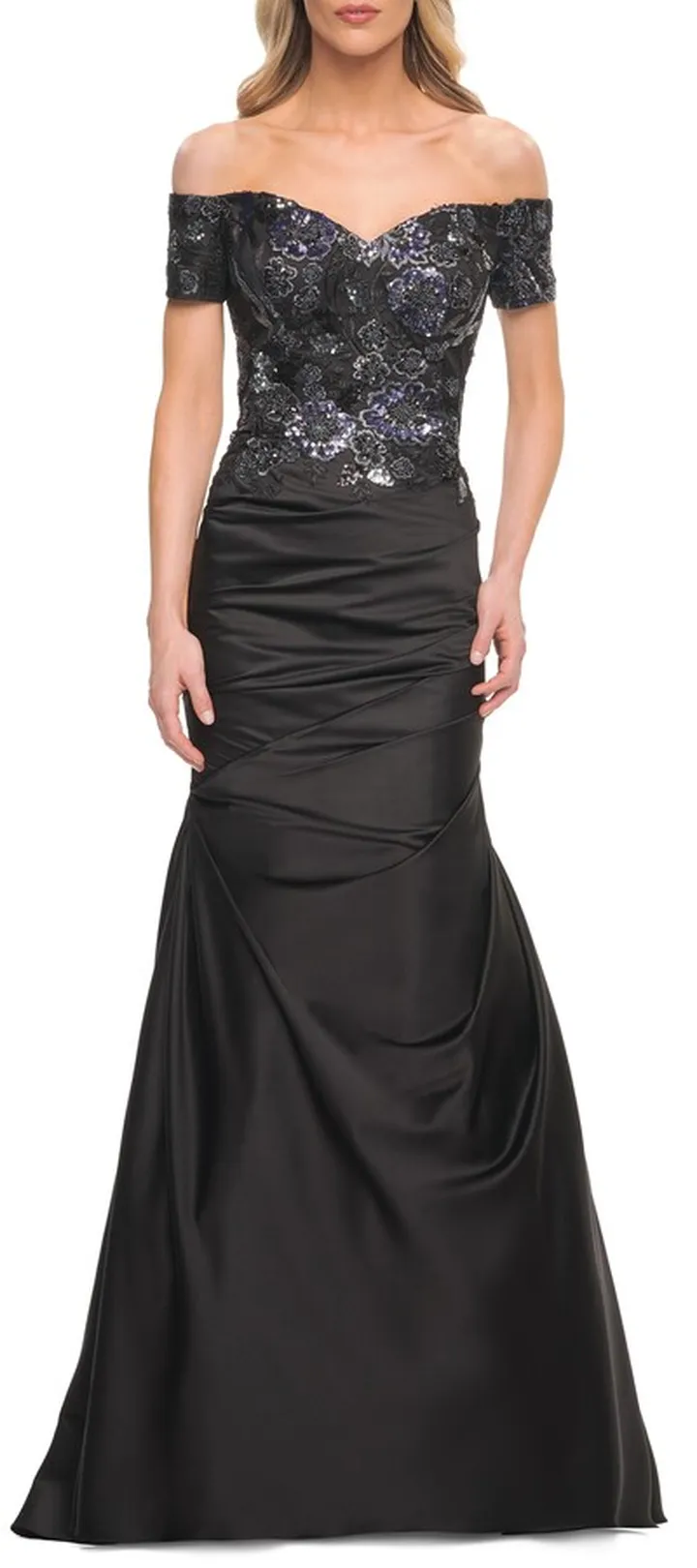 Off the Shouder Embroidered Bodice Satin Mermaid Gown