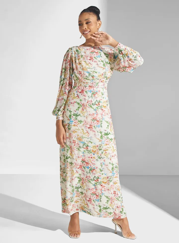 Floral Print Puff Sleeve Belted Dress