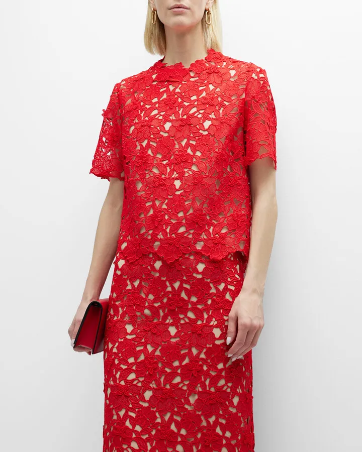Short-Sleeve Floral Guipure Lace Blouse