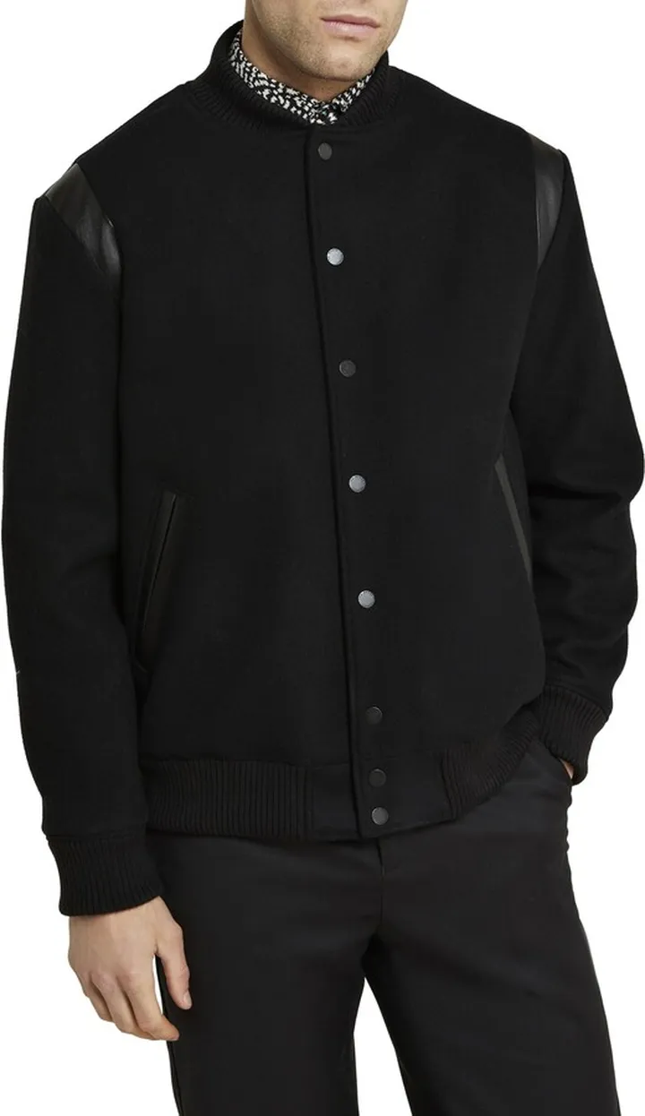 Dacre Varsity Leather Trim Wool Blend Bomber Jacket