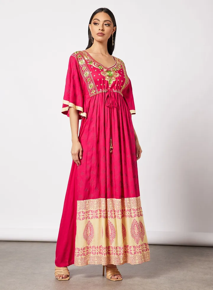 Casual Embroidered Round Neck Jalabiya For Women