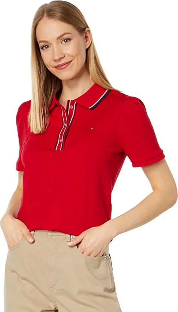 Tommy Hilfiger Short Sleeve Puff Sleeve Polo (Scarlet) Women's Clothing