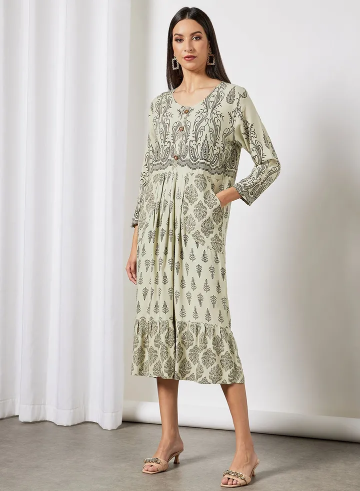 All Over Printed Round Neck Three Quarter Sleeve Jalabiya With Facemask