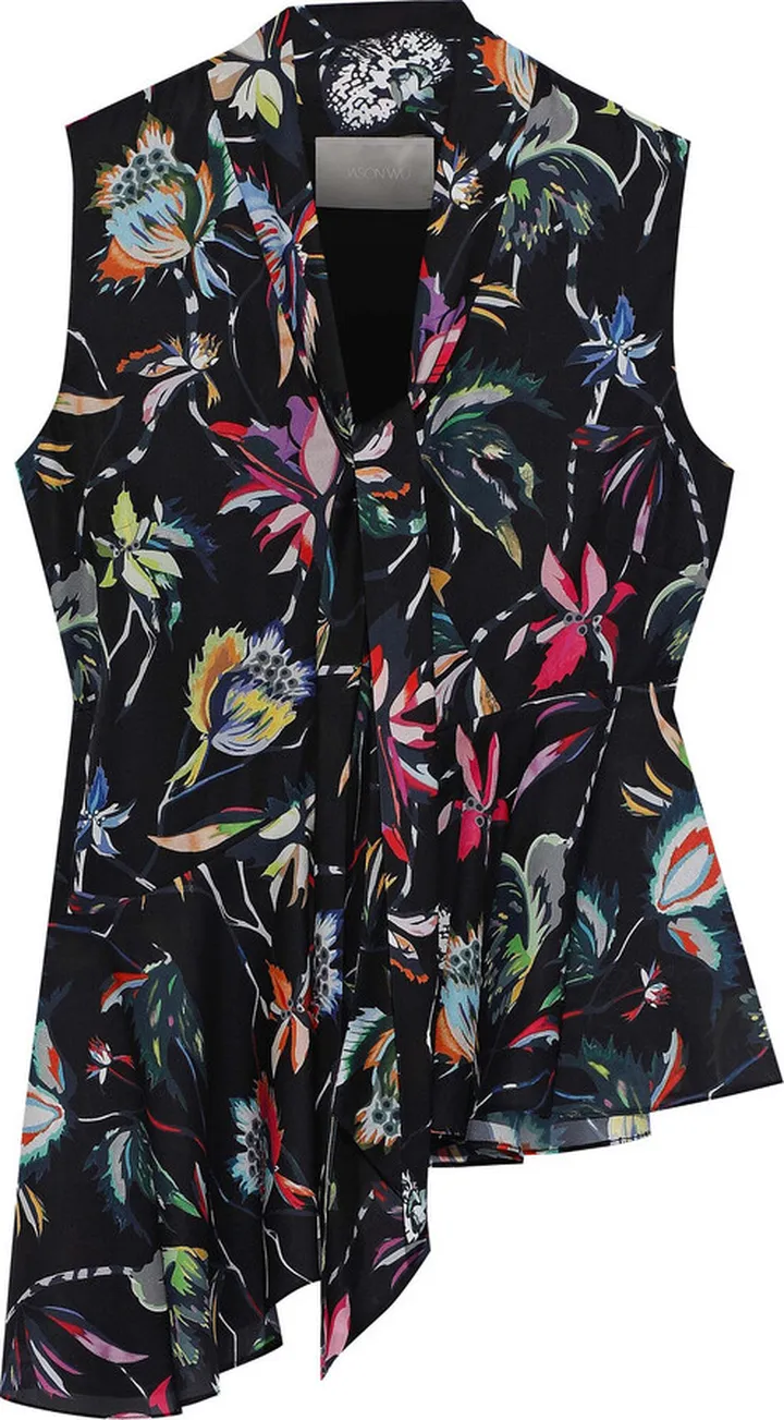 Asymmetric floral-print crepe de chine blouse