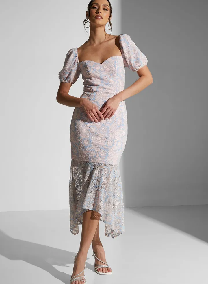 Sweetheart Neck Printed Puff Sleeve Dress