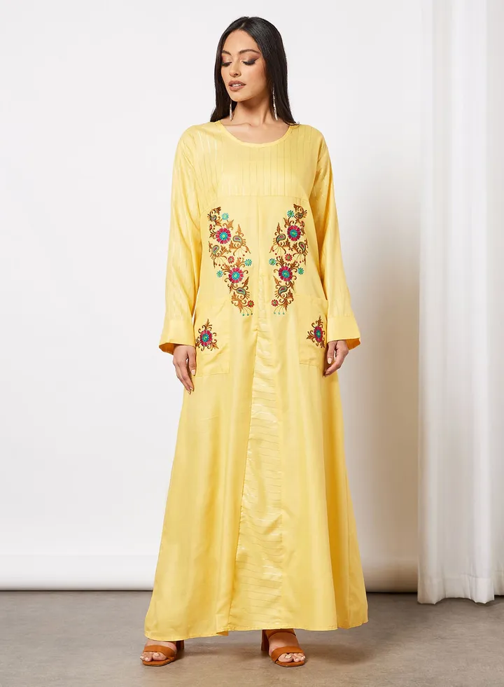 Casual Embroidered Round Neck Jalabiya For Women
