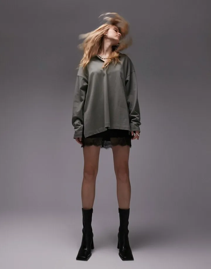 Topshop Premium basic oversized long sleeve polo top in olive