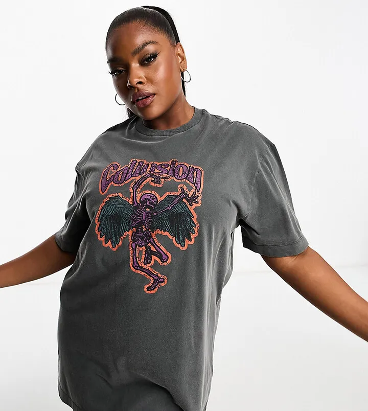 COLLUSION Plus branded graphic t-shirt dress in gray