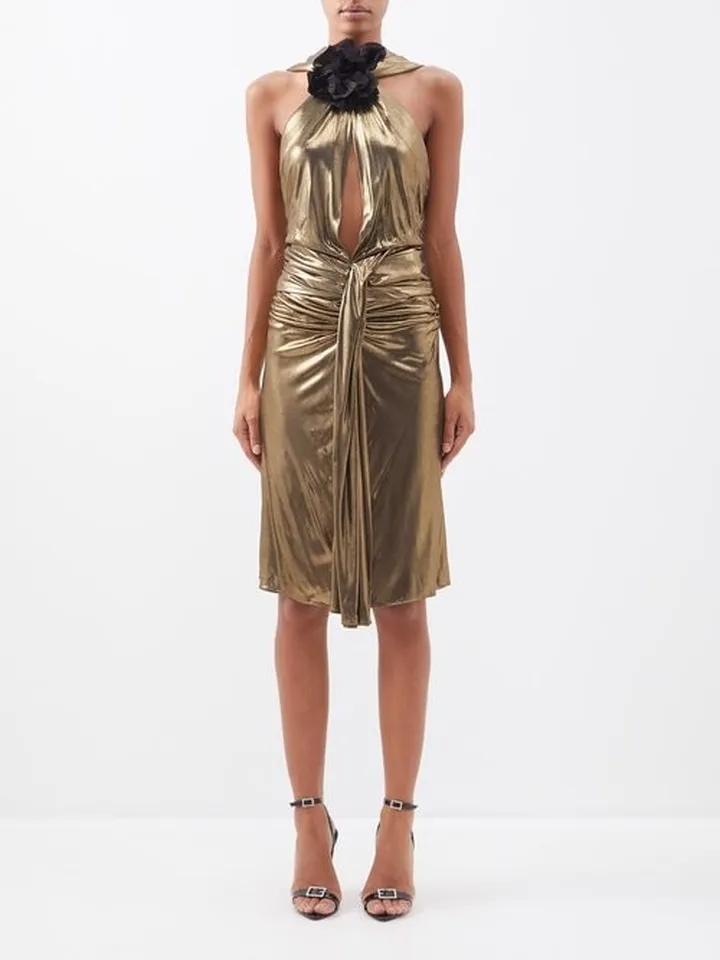 Floral-appliqué Ruched Lamé Dress