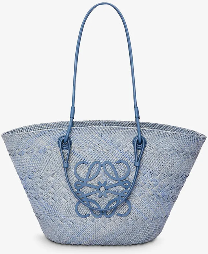 Womens Denim Blue x Paula’s Ibiza Anagram-embroidered Iraca Palm and Leather Basket bag