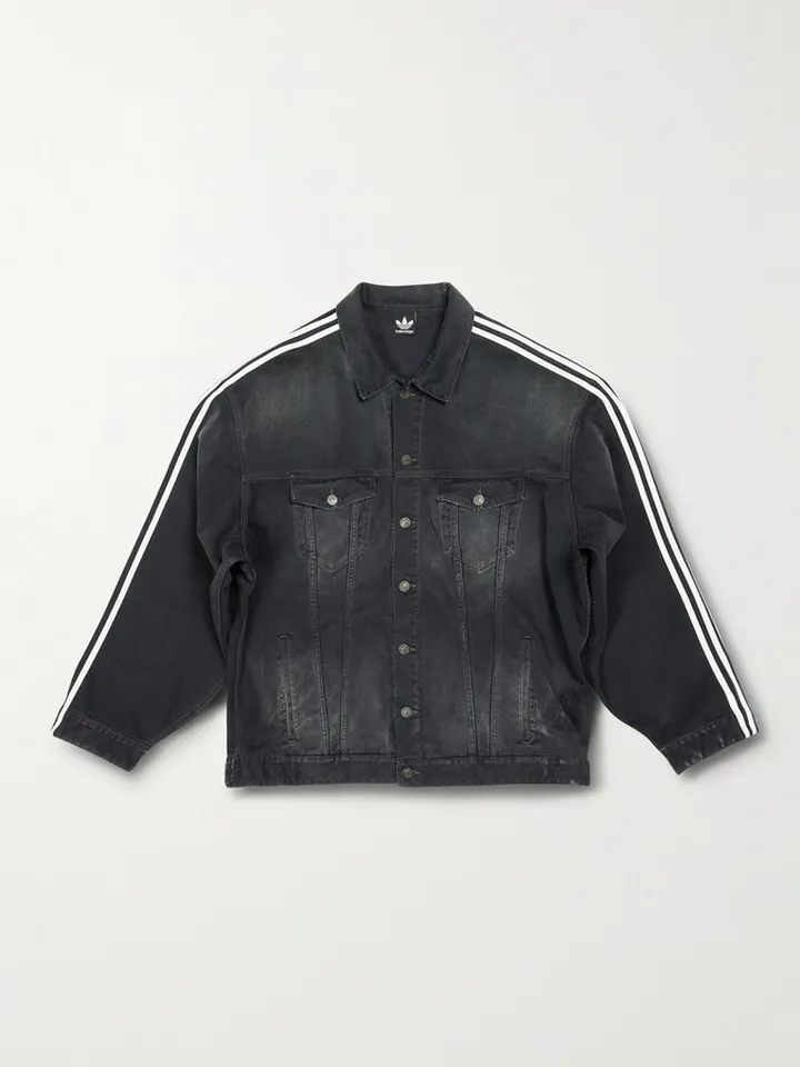 + adidas Oversized Distressed Striped Denim Jacket