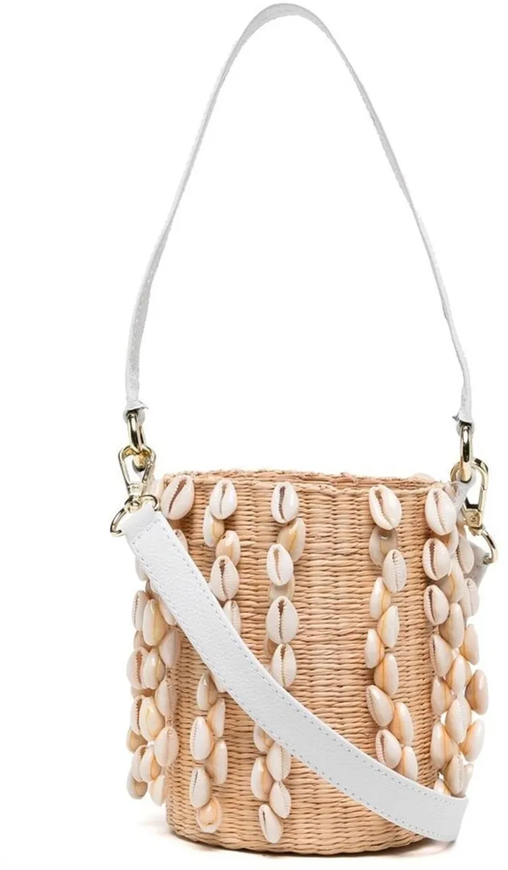 Shell-Detail Straw Bucket Bag
