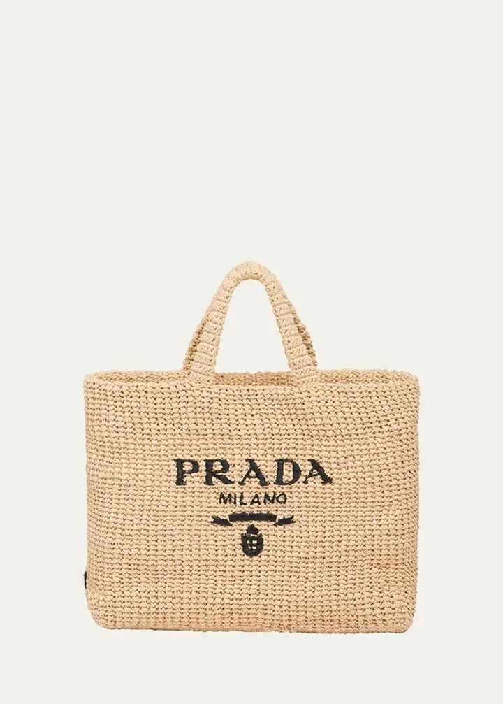 Logo Striped Raffia Shoulder Bag