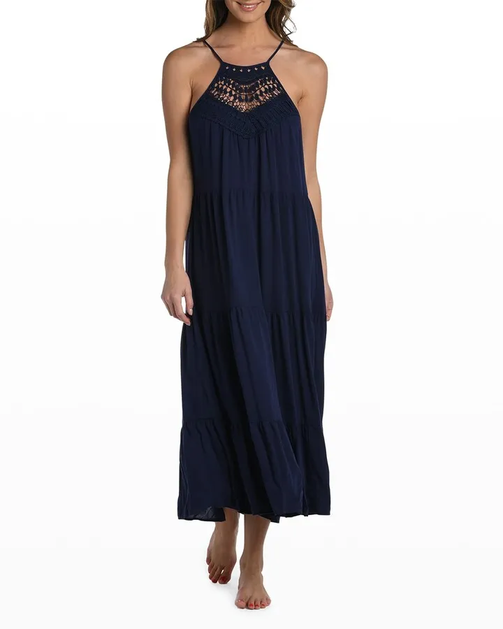 Coastal High-Neck Tiered Maxi Dress