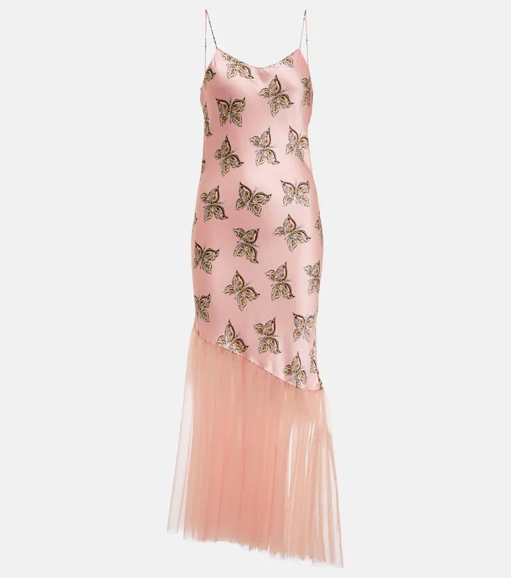 Printed silk satin and tulle dress