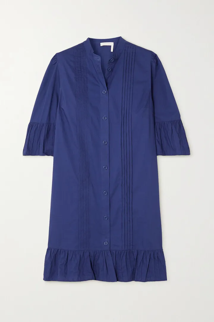 See By Chloé - Ruffled Pintucked Cotton-poplin Mini Dress - Blue