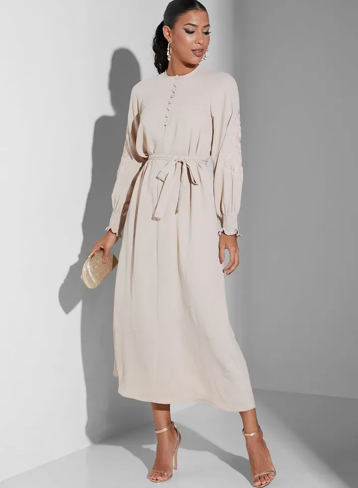Embroidered Sleeve Belted Dress