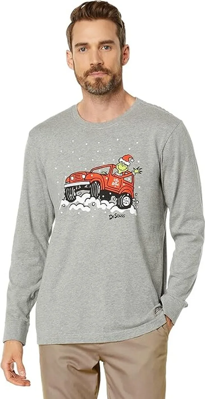 Life is Good Sleigh Ride Grinch ATV Long Sleeve Crusher Tee (Heather Gray) Men's Clothing