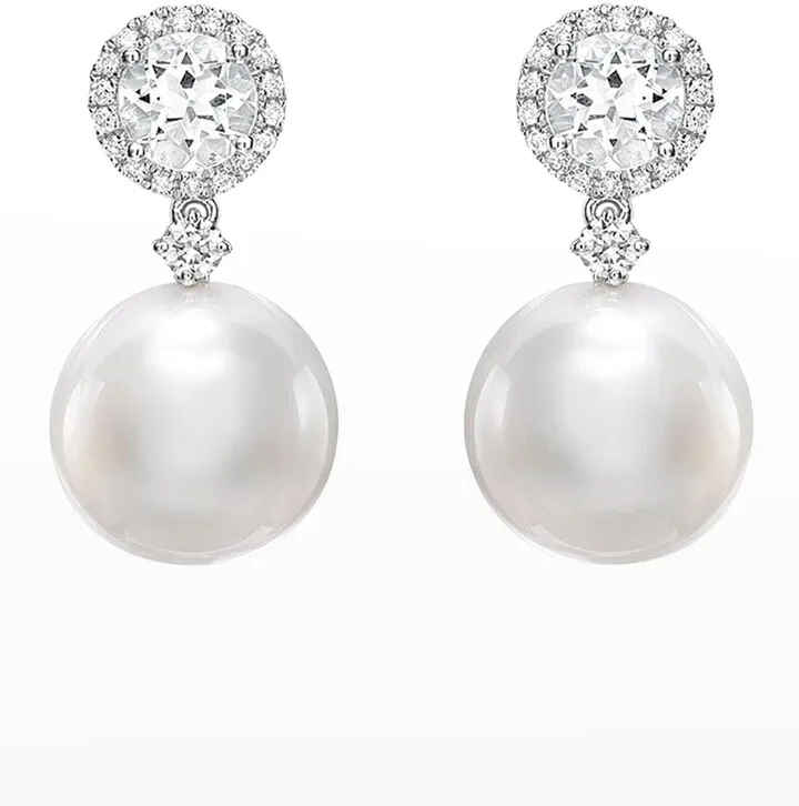 White Topaz and Diamond Pearl Drop Earrings in White Gold