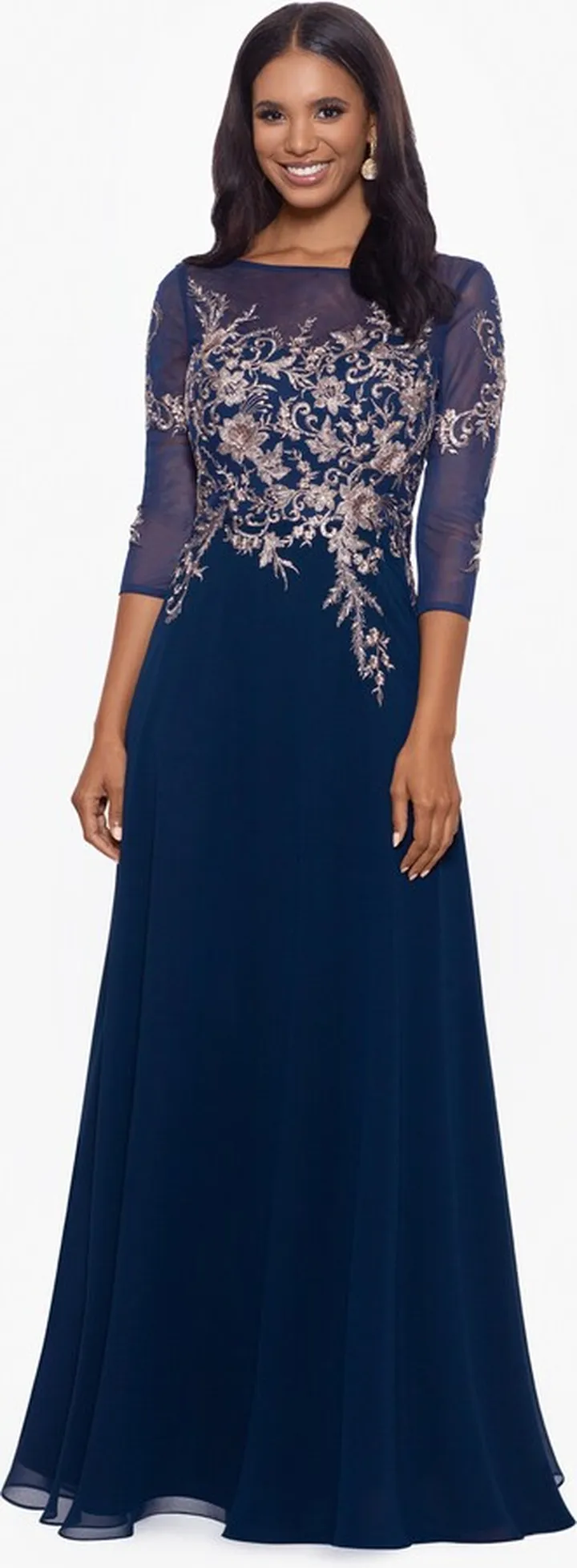 Long Embroidered Chiffon Gown