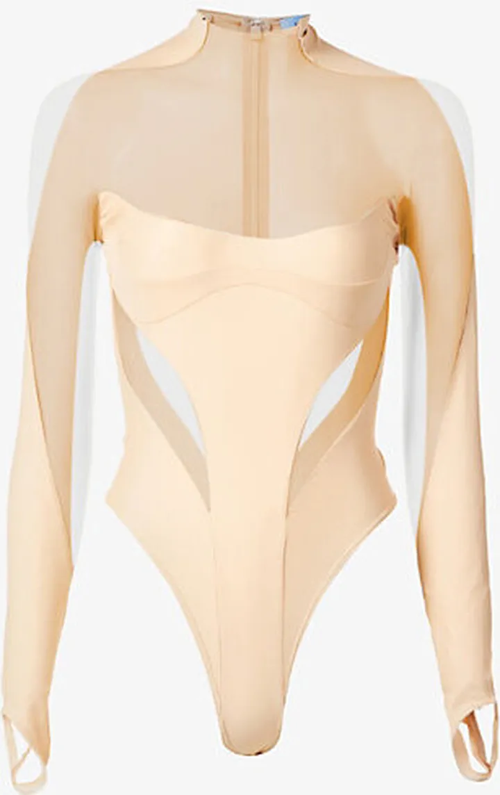 Womens Beige Nude Turtleneck Mesh-panel Stretch-woven Bodysuit