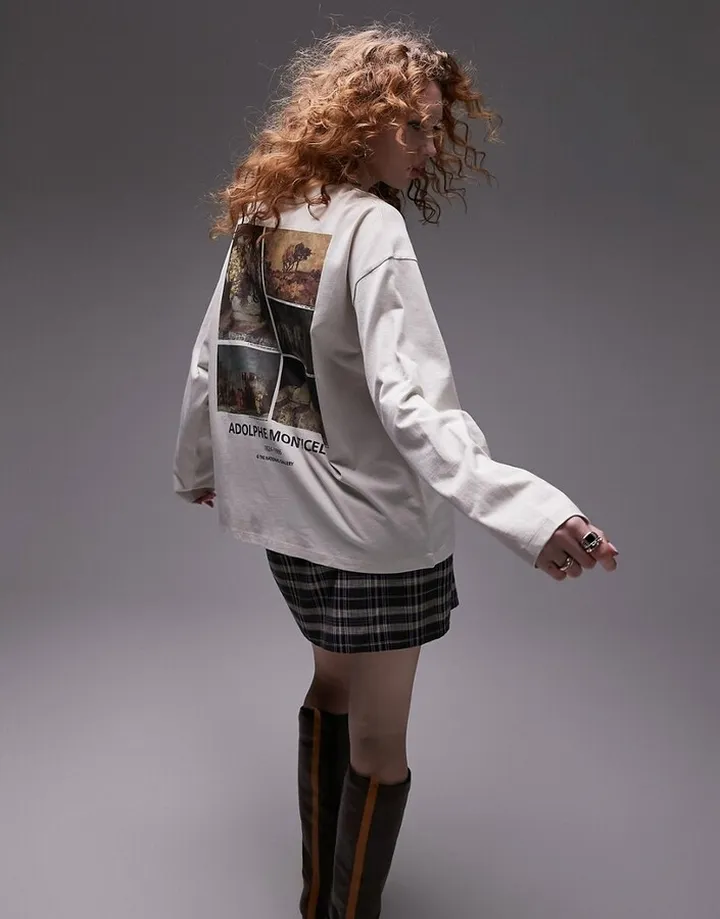 Topshop graphic license National Gallery Adolphe Monticelli long sleeve skater tee in stone