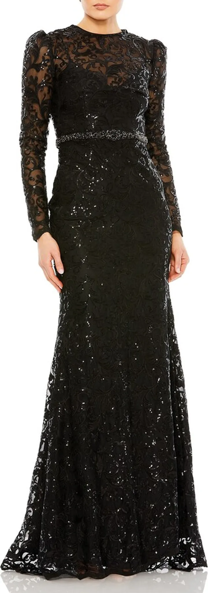 Sequin Tapestry Long Sleeve Trumpet Gown