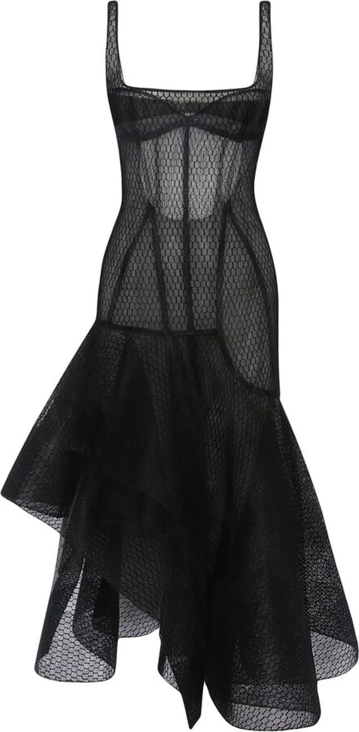 Mesh-Detail Asymmetric Dress