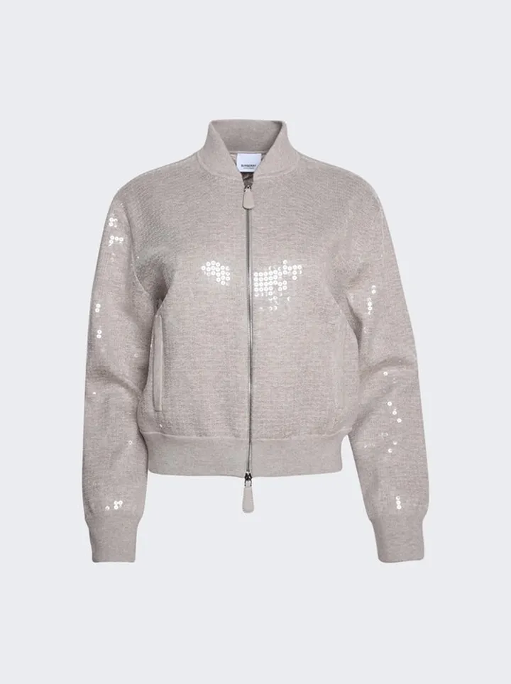 Sequinned Cashmere Cotton Blend Bomber Jacket Beige Melange